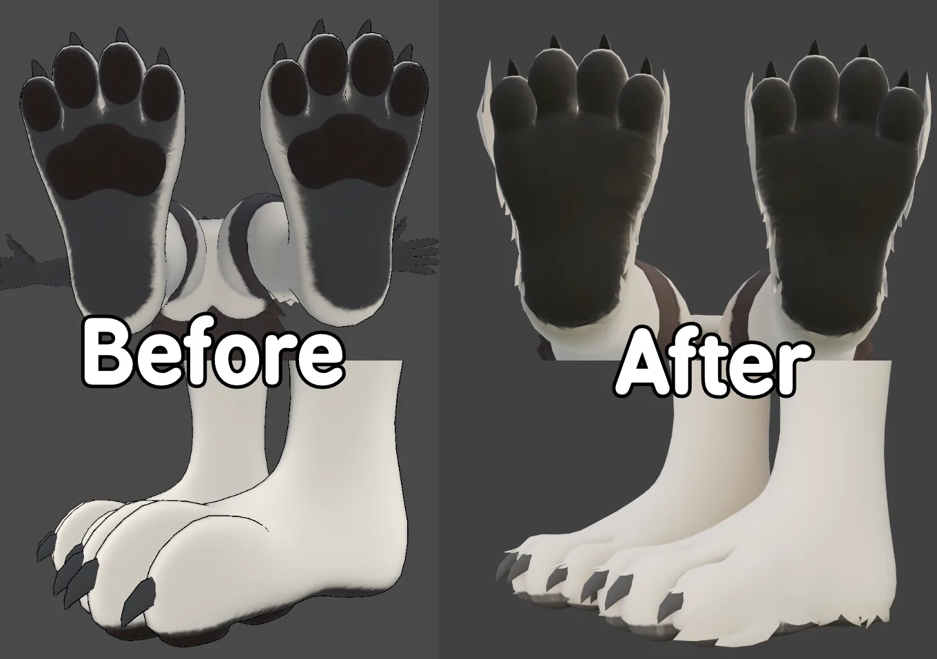 Before and after of an avatar paw mesh edit